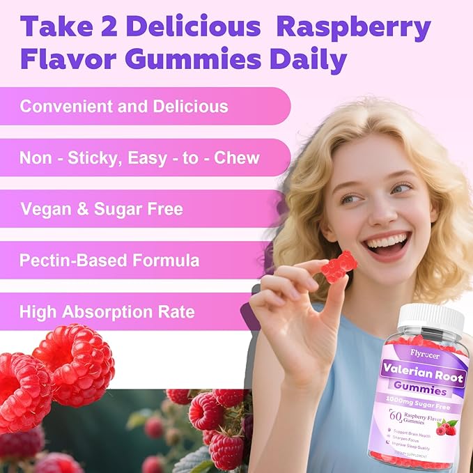 Valerian Root Gummies - Sugar Free Valerian Root Supplement for Adult & Kids, Herbal Supplement for Relaxation, Calming & Zzz, Vegan, Raspberry Flavor, 60 Count