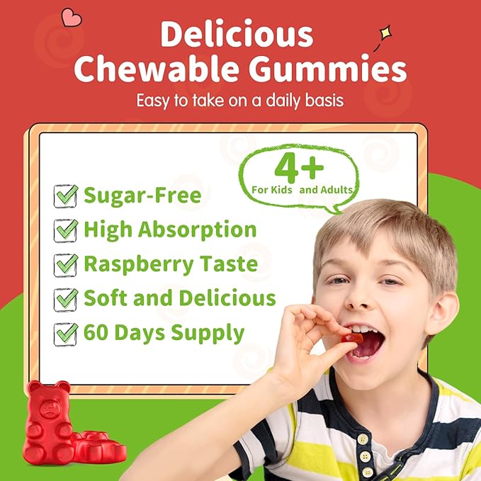 Magnesium Gummies for Kids - Magnesium Glycinate, L-Threonate Supplement with L-Theanine, Vitamin B6, D3 for Adults & Kids, Calm Magnesium for Sleep, Relaxation, Brain, Bones,Sugar Free Raspberry 60ct