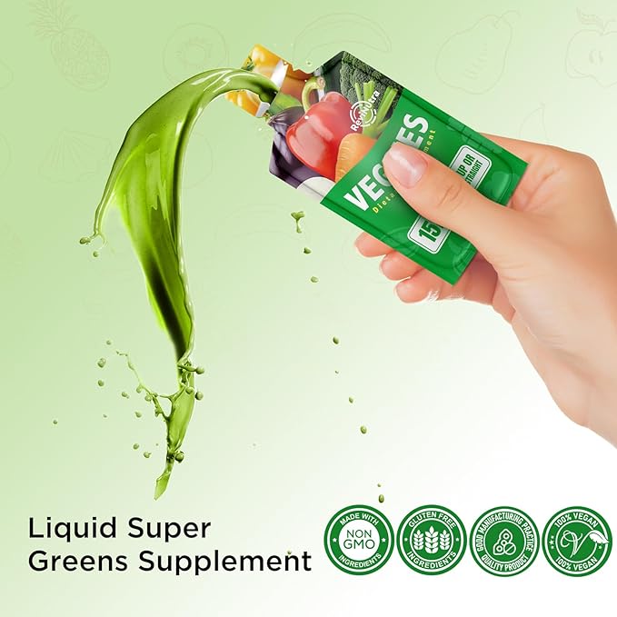 Super Greens Liquid Juice - 30 Pouches Superfoods Veggies Supplement for Women, Men and Kids - Support Overall Health, Immune Function, Detox & Energy - Vegan, 30 Day Supply