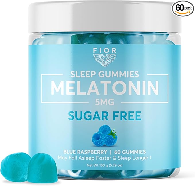 FIOR Sugar Free Blue Raspberry 60-Count Melatonin Gummies 5mg Sleep Aids for Adults & Kids. Gummy Vitamins for Sleep. Adults & Kids Melatonin & L-Theanine Gummies Natural Herbal Sleep Aid.