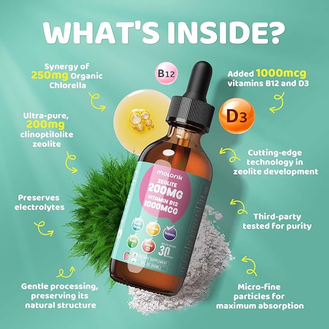 Zeolite Detox for Kids, 200mg Zeolite Liquid Drops with 1000mcg Vitamin B12, 250mg Organic Chlorella, 10 Billion CFU and Prebiotics for Gut Support & Speech, Immune, Bone, Energy, Strawberry, 60ML