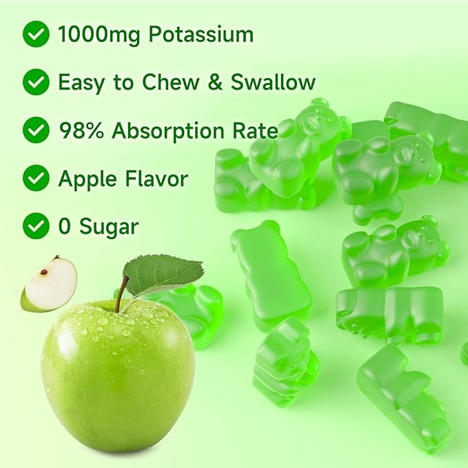 Potassium Gummies 1000mg for Adults & Kids, High Dose Potassium Gluconate Supplement Potassium Gluconate Gummies Support Muscle Cramps Electrolyte Balance, Apple Flavor 120 Count