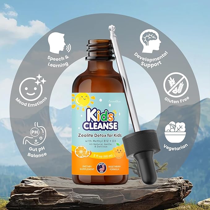 Kids Cleanse, Zeolite Detox Drops for Kids, Heavy Metal Detox & Gut Health Support with Methyl B12 + D3, Energy & Behavioral Development, Easy-Take Premium Liquid (2 oz)