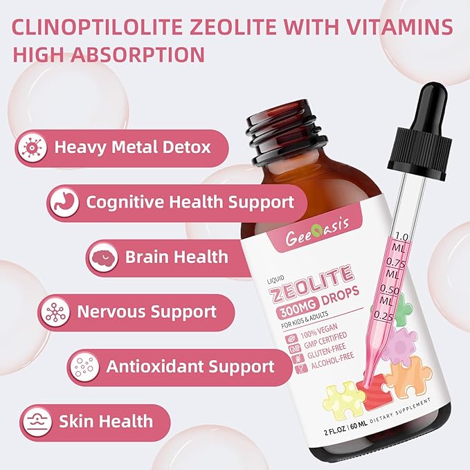 Zeolite Detox for Kids & Adults, 300 mg Zeolite Clinoptilolite Liquid with Vitamin B12 & D3, Vitamin C & Zinc Gluconate, Immune Support & Gut Health, Natural Strawberry Flavor, 2 Fl Oz