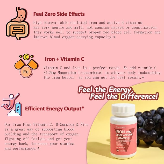 Iron Supplements for Women Men, Vegan Iron Bisglycinate 30mg Plus Vitamin C, B12, Folic Acid - Iron Pills for Anemia, Health Blood & Energy Support - Gentle, High Absorption, Non-GMO - 90 Capsules