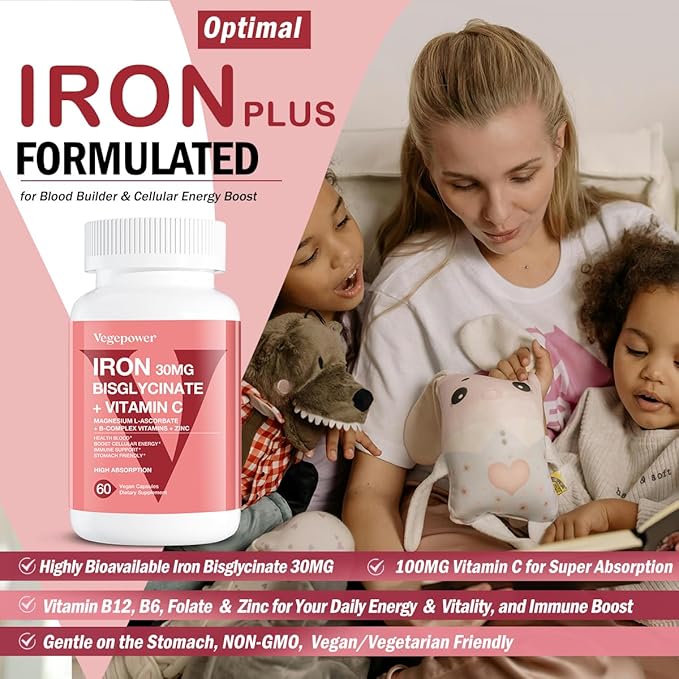 Iron Bisglycinate Supplement for Women & Men - 30mg Iron Pills with Vitamin C, B12, Folic Acid - Chelated Iron for Anemia, Health Blood - High Absorption, Gluten-Free, Non-GMO - 60 Vegan Caps