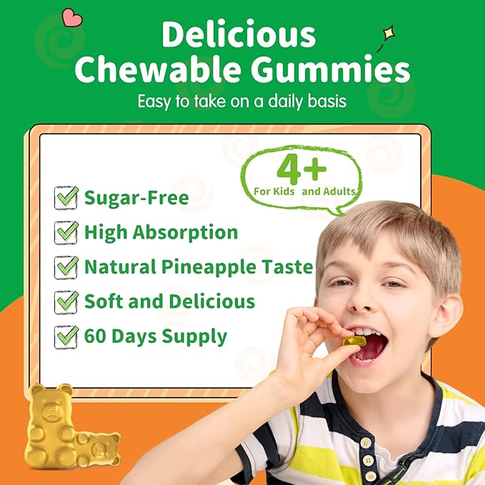 Magnesium Gummies for Kids - Magnesium Glycinate Gummies Supplement with L-Theanine, Vitamin B6, D3 for Adults & Kids, Calm Magnesium for Sleep, Relaxation, Brain, Bones,Sugar Free Pineapple 60ct