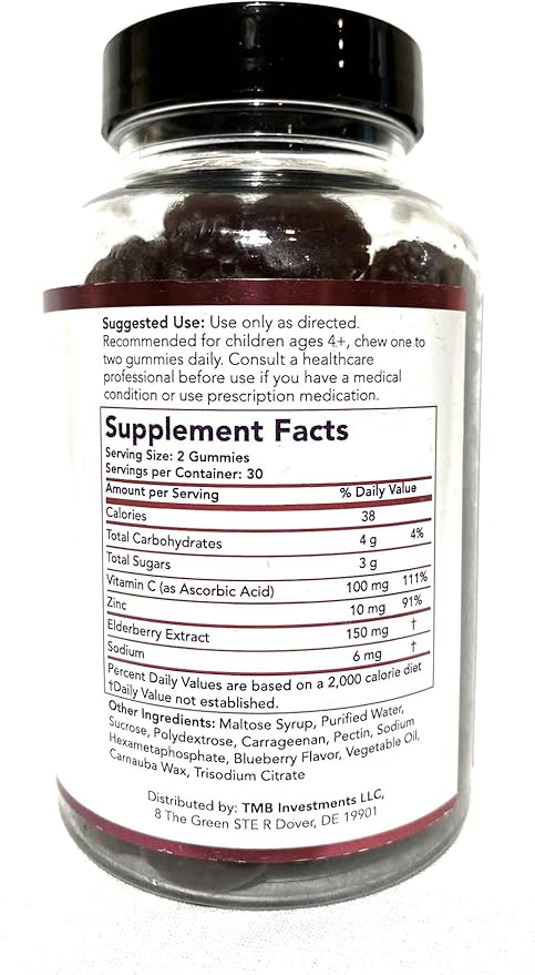 Kids Natural Elderberry Immunity Support Gummies with Vitamin C & Zinc, Gluten Free, Vegetarian, 60 Gummies