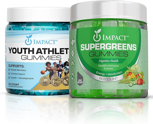IMPACT Supergreens & Youth Athletic Gummies Bundle – Daily Multivitamin & Superfood Support for Kids & Adults – Fiber, Essential Nutrients, Omega-3, Zinc, & Immunity Boost – Vegan & Gelatin-Free (60)