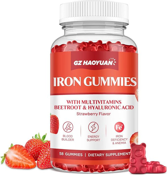 Iron Gummies for Women & Kids - Iron Supplement Gummies with Multivitamin for Blood Builder, Energy, Iron Deficiency & Anemia - Sugar Free Strawberry 58 ct