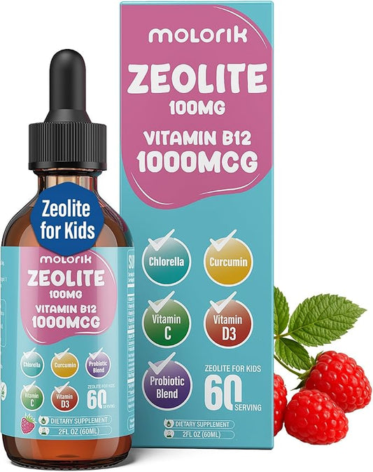 Zeolite Detox for Kids & Adults, Zeolite Liquid Drops with 300mg Chlorella, 200mg Curcumin, Vitamin Blend and Probiotic for Speech & Brain Health, Immune, Digestive, Energy, Berry Flavor, 60ML