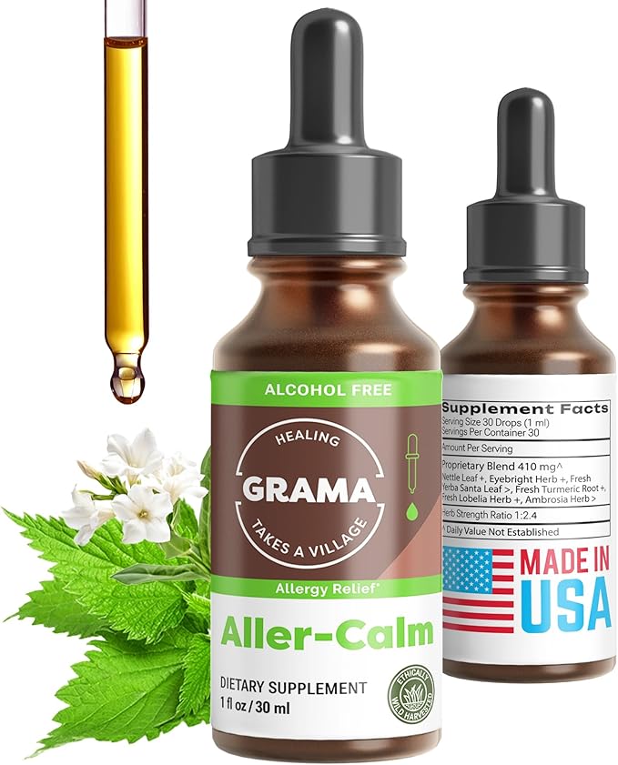 Grama Wellness Organic Natural Allergy Relief Drops for Kids & Adults – Herbal Supplement with Stinging Nettle, Turmeric, Nettle Leaf – Sinus & Immune Support, Non-Drowsy | Made in USA - 30 Servings