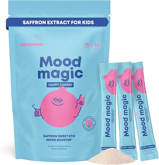 JoySpring Pixie Sticks with Saffron & GABA for Kids | Mood Balance Supplements for Kids | Sugar-Free Powder Candy New Flavor Cherry Lime (25 Servings)