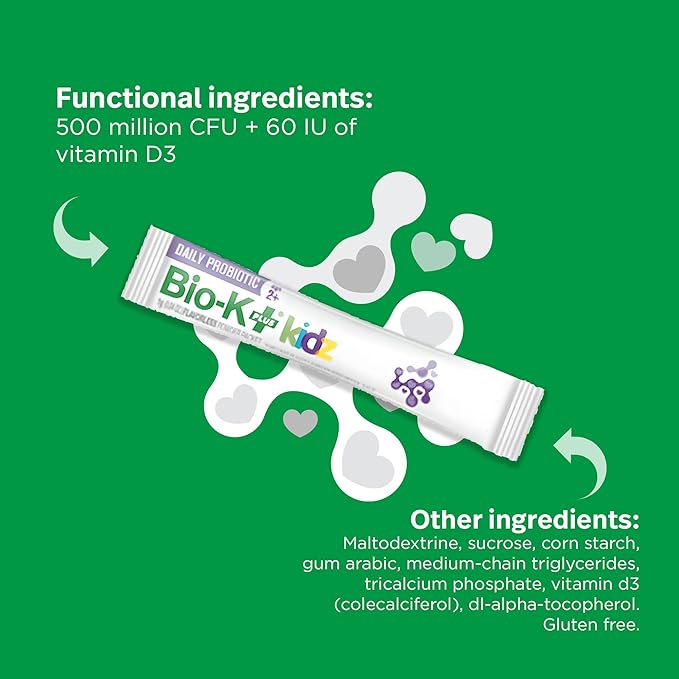 Bio K+ Daily Probiotic for Kids, Probiotic Powder with Limosilactobacillus fermentum LC40® and Vitamin D3, Shelf-Stable, Non GMO, Gluten Free - 28 Single-Serve Packets