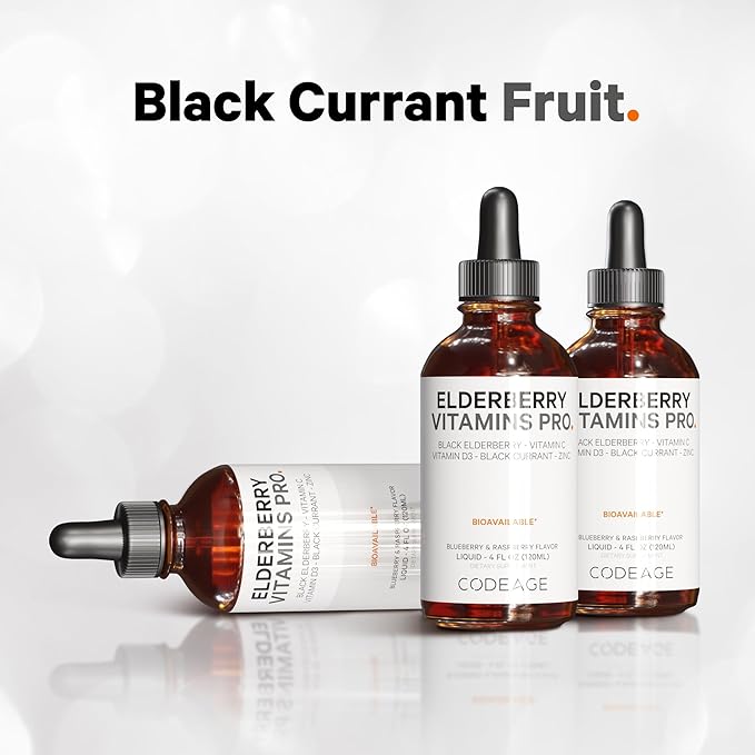 Codeage Elderberry Vitamins Pro - Organic Black Elderberry Liquid Drops - Vitamin C, D3, Zinc, Black Currant - 2-Month Supply - Black Sambucus Liquid - Supplement for Adults & Kids - 4 fl oz