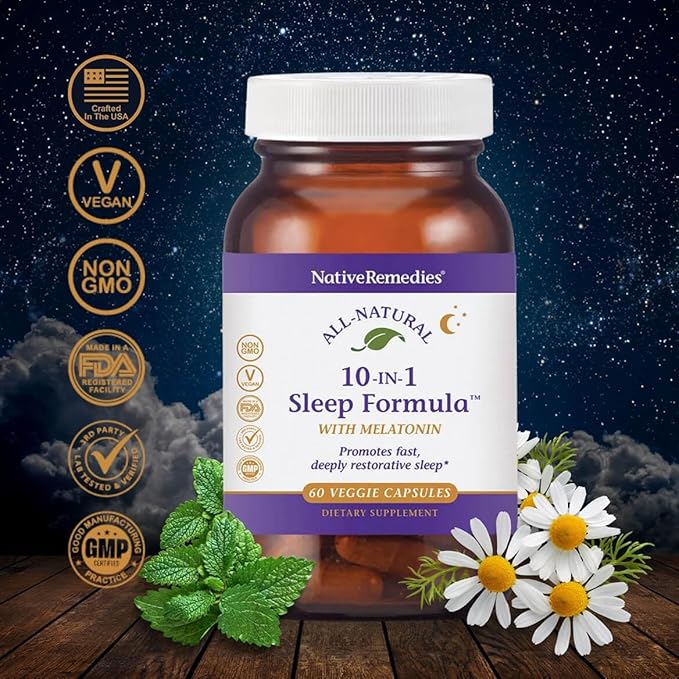 Native Remedies 10-in-1 Formula Natural Sleep Aid for Adults & Kids 4+ - Sleep Supplement with Melatonin 5mg, Magnesium, Valerian Root, Chamomile – Sleeping Aid Support, Non-GMO, Vegan - 60 Capsules