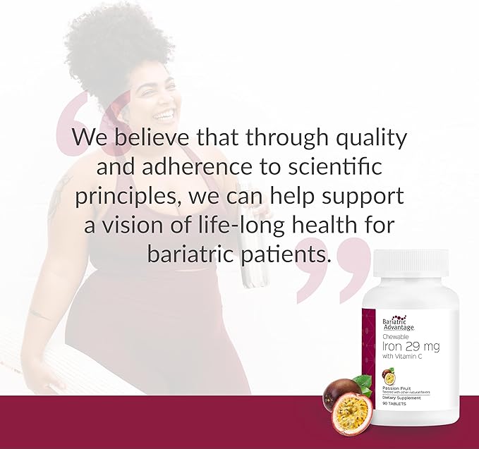 Bariatric Advantage Chewable Iron 29 mg - for Bariatric Surgery Patients - Iron with Vitamin C - No Iron Taste - Ferrous Fumarate & Carbonyl Iron Supplement - Passion Fruit - 90 Count