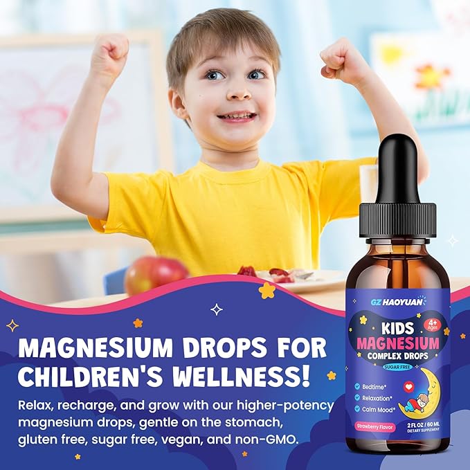 Kids Magnesium Liquid Drops - Magnesium Glycinate Drops for Kids, Citrate Liquid with L-theanine, Chamomile & Vitamin B6 for Sleep, Relaxation, Calm & Focus - Strawberry Flavor, 2 Fl Oz