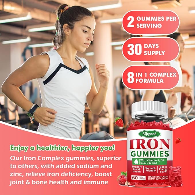 Iron Gummies for Women & Men - Vegan Iron Supplement for Anemia & Iron Deficiency, with Vitamin B12, Vitamin C, Zinc, Folate - Energy Boost, Sugar-Free, Strawberry Flavor, 60 Count
