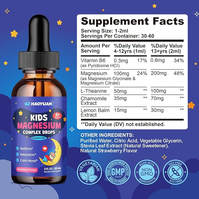 Kids Magnesium Liquid Drops - Magnesium Glycinate Drops for Kids, Citrate Liquid with L-theanine, Chamomile & Vitamin B6 for Sleep, Relaxation, Calm & Focus - Strawberry Flavor, 2 Fl Oz