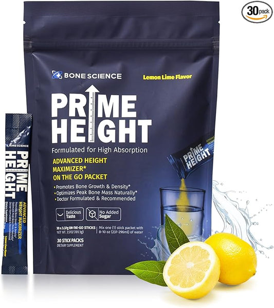 Prime Height Powder – Kids Daily Multivitamin with Calcium, Magnesium, Zinc, and Vitamins B6, B12, C, D3, E, K – 30 Sticks, Lemon Lime Flavor