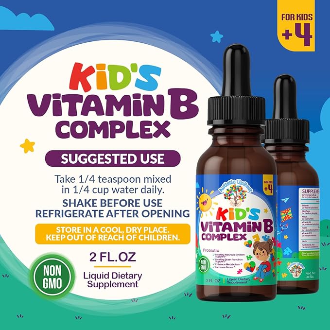 Autistic UpBeat: Kid's Vitamin B Complex | Kid-Friendly Drops | Unlfavored | B1, B2, B3, B6, B7, B9 & Methyl B12 | Brain Function, Focus, Metabolism | Kids B Complex Liquid Drops Supplement