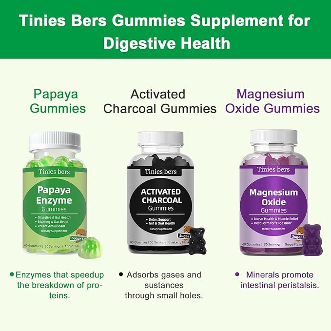 Tinies bers Papaya Enzyme Gummies and Magnesium Oxide Gummies, Digestive Health for Adults & Kids, Vegan, Sugar Free, Non-GMO, Pectin