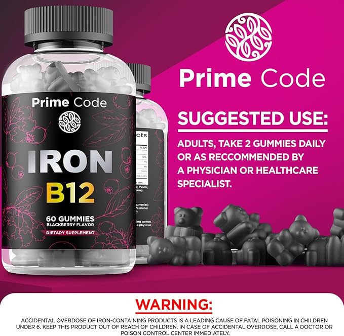 Vitamin B12 Gummies for Women & Men, 20mg Iron Supplement for Adults, Free Blood Builder for Anemia, Vitamin B12 Gummies with Iron & Natural Blackberry Flavor, Vegan, Non-GMO, 30 Day Supply