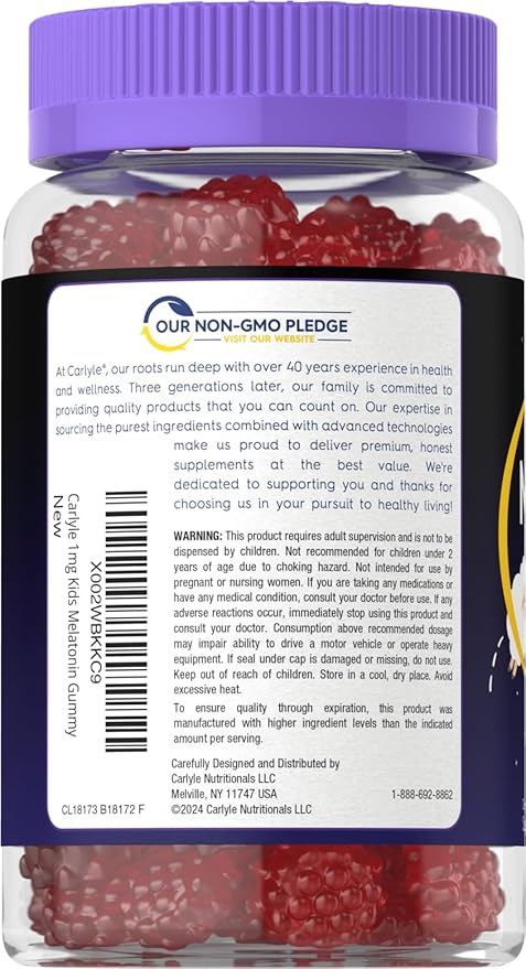 Carlyle Kids Melatonin Gummies | 1 mg 70 Count | Fruit Flavor Gummy | Vegan, Non-GMO, Gluten Free