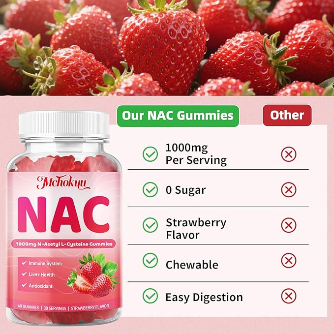 NAC Gummies for Adults & Kids 1000mg, NAC Supplement N-Acetyl Cysteine, Immune Support Liver & Lung Health Antioxidant Sugar-Free, Strawberry Flavor Gummy, 60 Counts