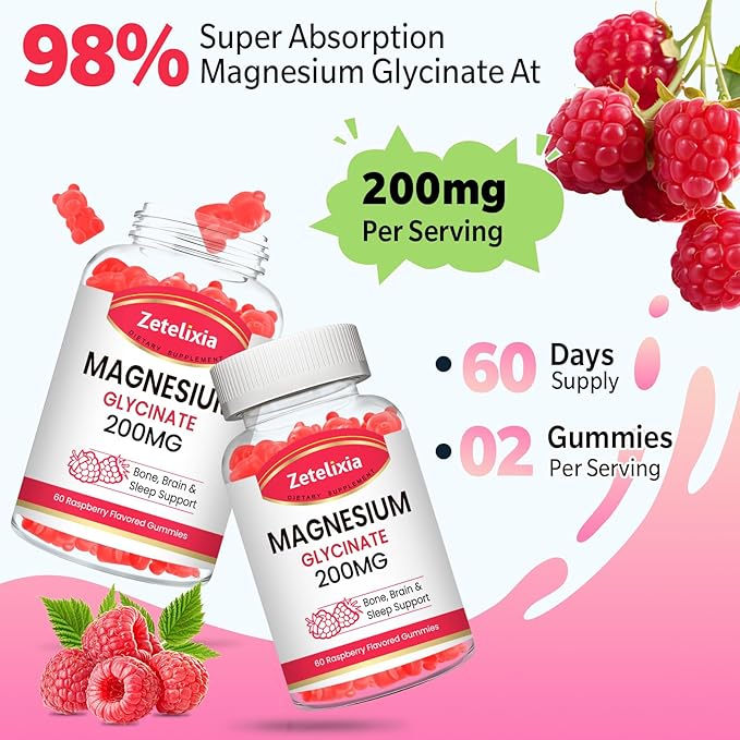 Magnesium Glycinate Gummies, High Absorption Magnesium Glycinate Supplements for Relaxation, Magnesium Chews for Adults and Kids, Raspberry Flavor 120 Count