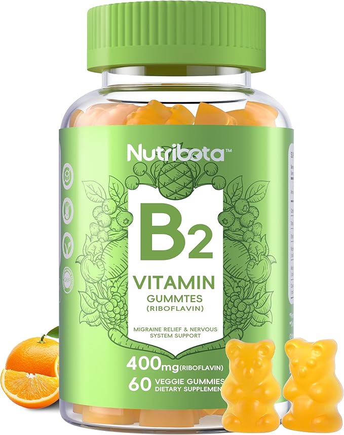 Sugar Free Vitamin B2 Gummies- Riboflavin 400mg 200mg with Magnesium, CoQ10 for Adults & Kids, Vegan, 60 Count