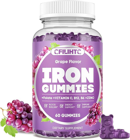 Iron Supplement for Women & Men - Iron Gummies with Vitamin B6, B12, C, Zinc, Folate for Adults & Kids - Support Iron Deficiency, Anemia, Energy Boost, Blood Builder - Sugar Free Vegan 60ct Grape