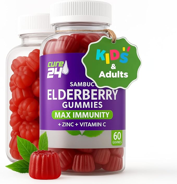 Sambucus Elderberry Gummies + Vitamin C + Zinc for Kids & Adults, X3 Immune Support, Natural Flavors + Ingredients, Vegan, Non-GMO, Made in USA (60)