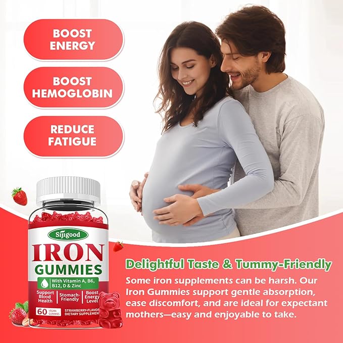 Iron Gummies for Women & Men - Vegan Iron Supplement for Anemia & Iron Deficiency, with Vitamin B12, Vitamin C, Zinc, Folate - Energy Boost, Sugar-Free, Strawberry Flavor, 60 Count
