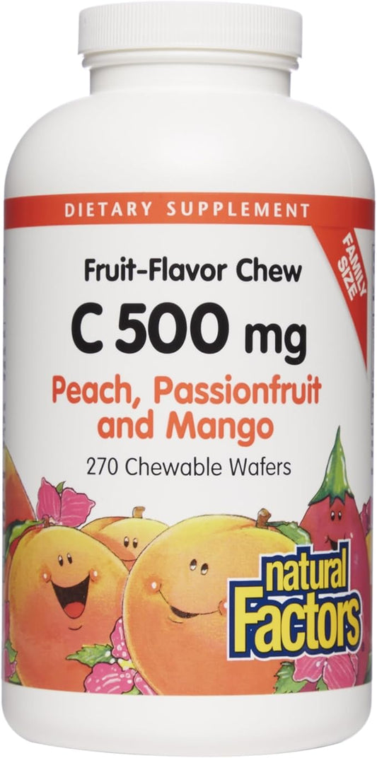 Natural Factors Kids Chewable Vitamin C 500 mg, Supports Immune Health, Bones, Teeth and Gums, Peach, Passionfruit and Mango, 270 Wafers
