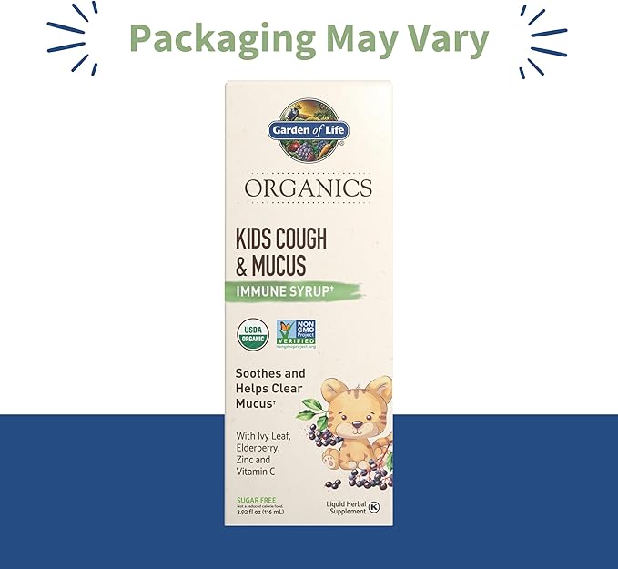 Garden of Life Organics Elderberry & Zinc for Children's Immune Support, Kids Cough & Mucus Immune Syrup with Ivy Leaf, Vitamin C and Echinacea, Alcohol-Free, No Added Sugars, 3.92 fl oz