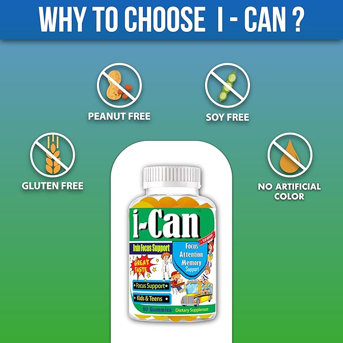 I-Can Brain Booster Supplement for Kids & Teens, Brain Support Focus Vitamins, Gummy Vitamins for Kids, Great Taste Memory Supplement for Brain, Omega 3 Gummies for Kids 60 Gummies