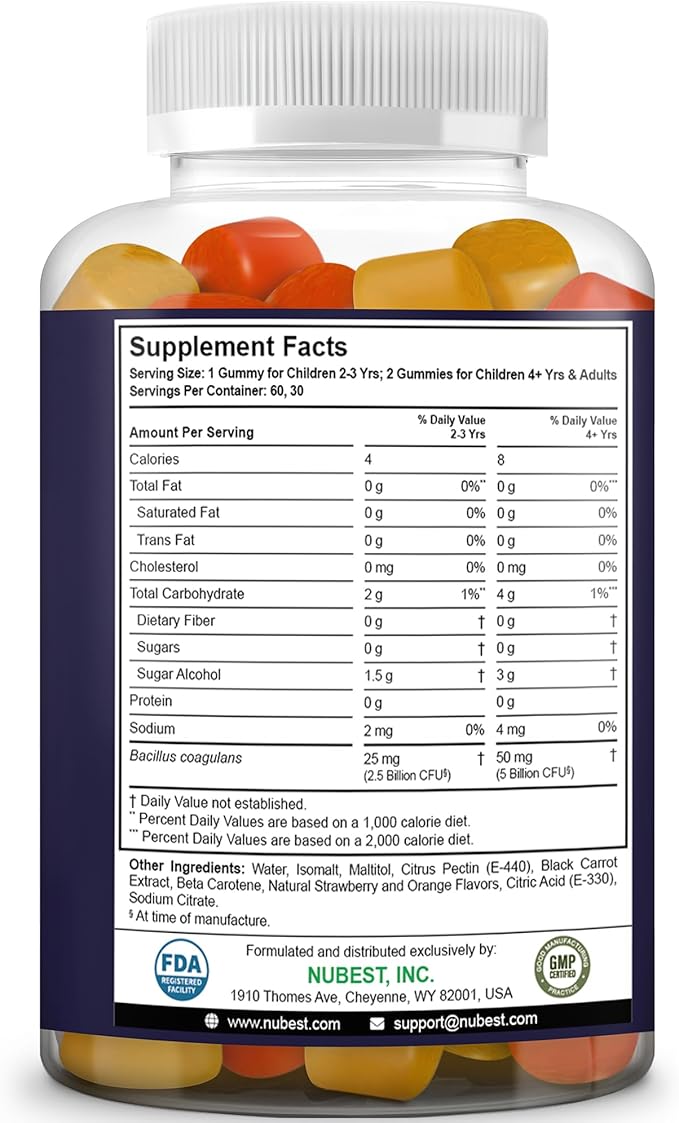 NuBest Probiotics Gummies for Digestive, Gut Health & Immunity with 5 Billion CFUs | No Added Sugar | Yummy Strawberry & Orange Flavors | 60 Premium Vegan Gummies for Kids & Teens