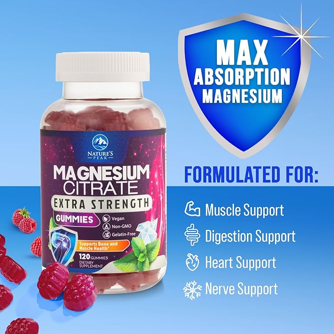 Magnesium Citrate Supplement Gummies - High Absorption Magnesium Gummy for Adults & Kids, Magnesio Citrate Supplements for Bone, Muscle Health, Heart Support, Vegan, Gluten Free, Non-GMO - 120 Gummies