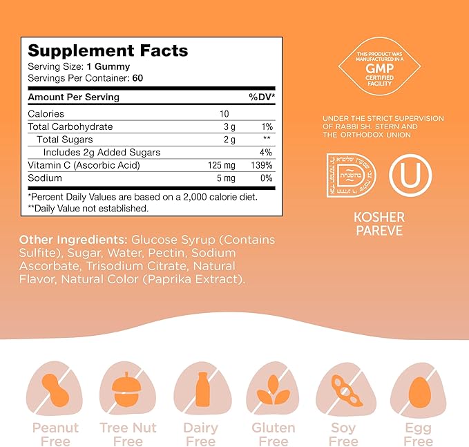 Zahler - Chapter One Vitamin C Gummies for Adults & Kids 125 mg (60 Flavored Gummies) Certified Kosher Gummy Vitamins C Chewable Vitamin Gummies - Chewable Vitamin C Gummy - Vitamin C Gummies Kids