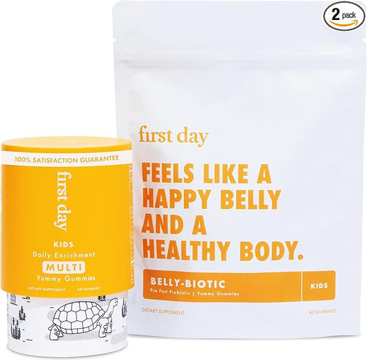 FIRST DAY Kids Daily Multivitamin + Tribiotic Gummies – Vitamin A, D3, B6, B12, C, Pre+, Post+, Probiotics & More to Support Growth, Brain Function, Immunity, Digestion – Low Sugar – 30 Day Supply