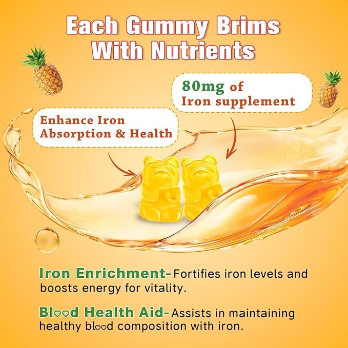 Iron Gummies for Women & Men - Vegan Iron Supplement for Anemia & Iron Deficiency, with Vitamin B12, Vitamin C, Zinc, Folate - Energy Boost, Sugar-Free, Pineapple Flavor, 60 Count
