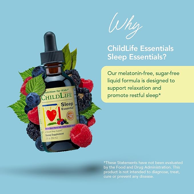 CHILDLIFE ESSENTIALS Sleep Essential - Melatonin-Free Sleep Aid for Kids, Natural Sleep Drops for Children 3+ with Passionflower & Valerian Root, Berry Flavor, 2 Fl Oz