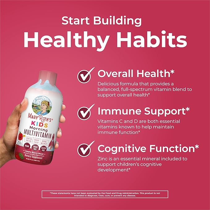 MaryRuth's Liquid Multivitamin (Apple Berry) & Nighttime Multimineral (Peaches & Cream) for Kids | Clean Label Project Verified® | Vitamins for Energy, Muscle Relaxation, & Overall Wellness | Vegan