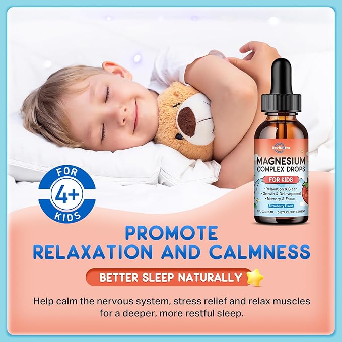 Magnesium Glycinate Liquid for Kids, Kids Magnesium Drops with L-Theanine, Calcium, Zinc, Vitamin D3 K2 for Sleep, Calm, Mood, Relaxation, Focus, Brain, Bones, Strawberry Flavor 2 Fl Oz
