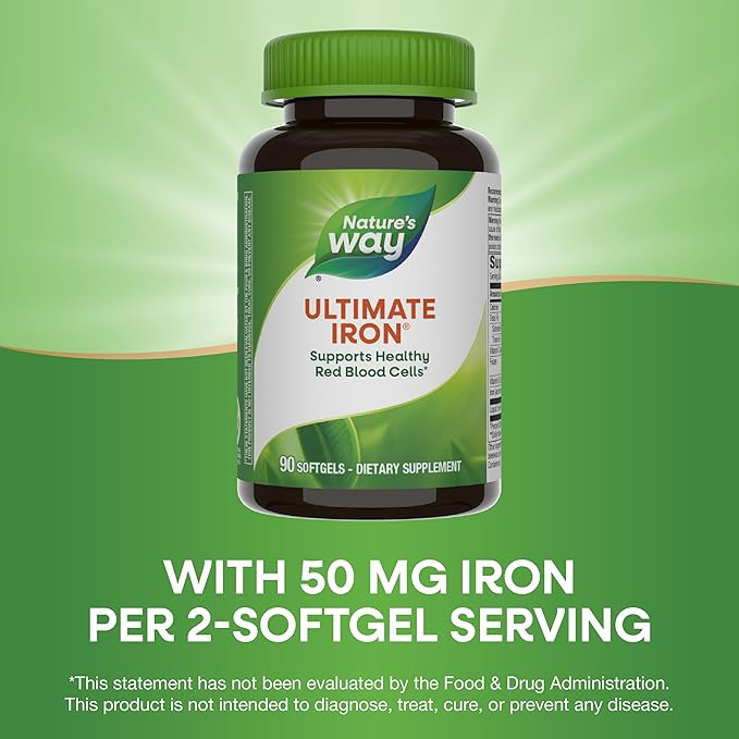 Nature’s Way Ultimate Iron, Supports Healthy Red Blood Cells,* Supports Cellular Energy Production*, 50 mg per 2-Softgel Serving, Gluten-Free, 90 Softgels (Packaging May Vary)