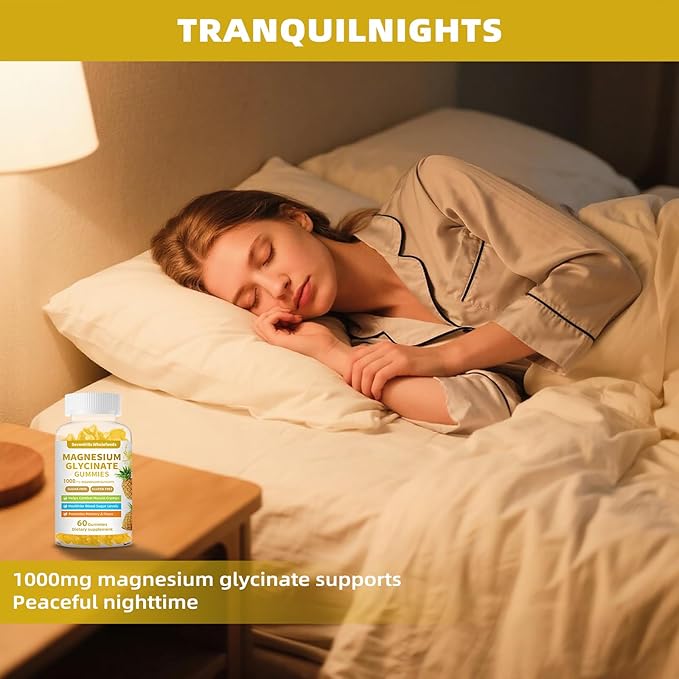 Magnesium Glycinate Gummies 1000mg - Sugar Free Magnesium Potassium Supplement for Relaxation, Calm, Stress Relief, and Sleep Support for Adults & Kids - 60 Pineapple Gummies