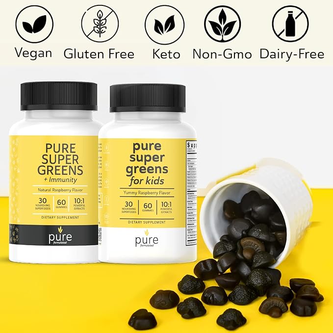 Super Greens Multivitamin Gummies for Kids and Adults - Immune Support and Digestive Supplements - Vitamin A, B, C, E, K - Vegan Chewables with 30 Superfoods (2 Bottles, 60 Count Each)