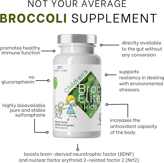 Mara Labs Kids | Broccoli Supplement w/Naturally Stabilized Sulforaphane Extract for Children | No Glyphosate Residue | 30 Vegan Capsules